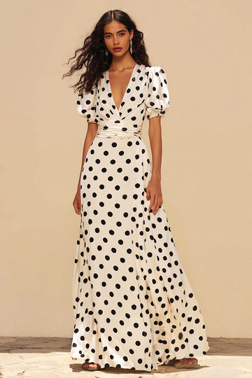 Blanc Noir À Pois Une Ligne Wrap Robe Longue Formulante Avec Manches